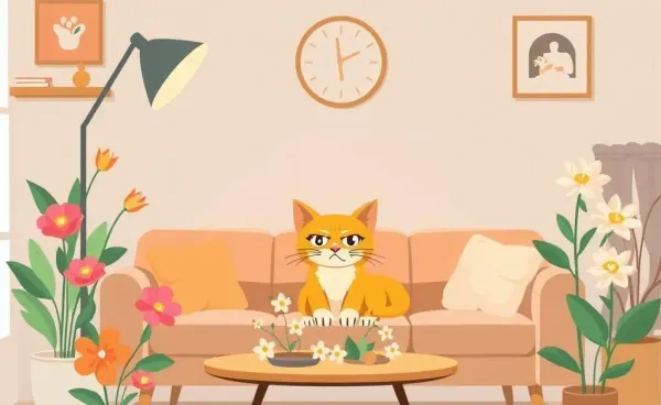 A cozy living room with a sneaky cat looking guilty amidst fresh flowers.