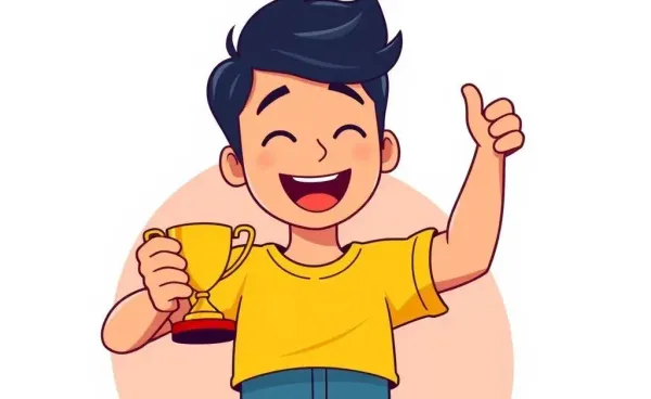 A person holding a small trophy with a joyful expression