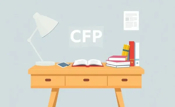 A cartoon-style desk with certified financial planner study materials.