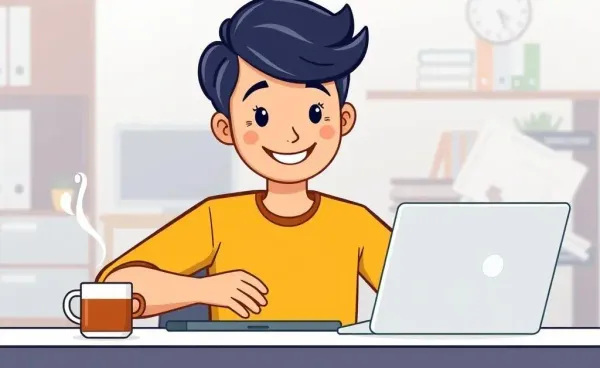 A happy person researching car loans at a desk with a laptop and coffee