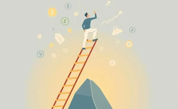 A person climbing a ladder surrounded by financial symbols, representing career growth in finance.