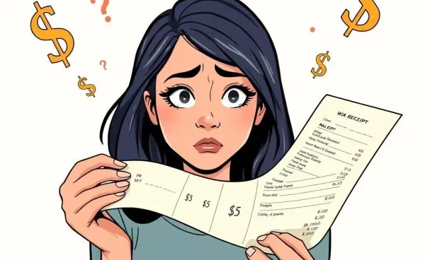 Mia staring in disbelief at a long receipt with dollar signs flying around, highlighting her budgeting mishap
