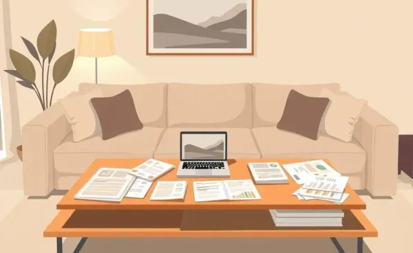 A cozy living room with financial planning documents on a coffee table