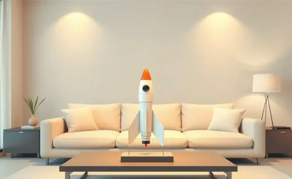 A cozy living room with a space rocket model on the coffee table