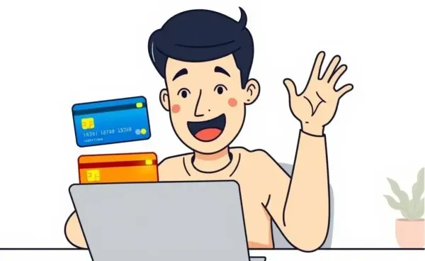 Person excitedly looking at credit card options on a laptop screen