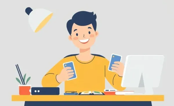 Illustration of a person organizing credit cards at a desk