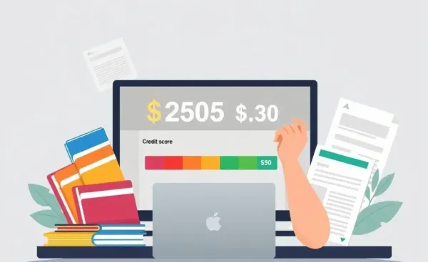 Person contemplating credit score on laptop surrounded by credit cards and documents.