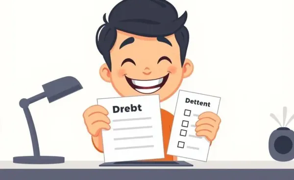 Cartoon of a person holding an empty debt bill with a checklist on a desk