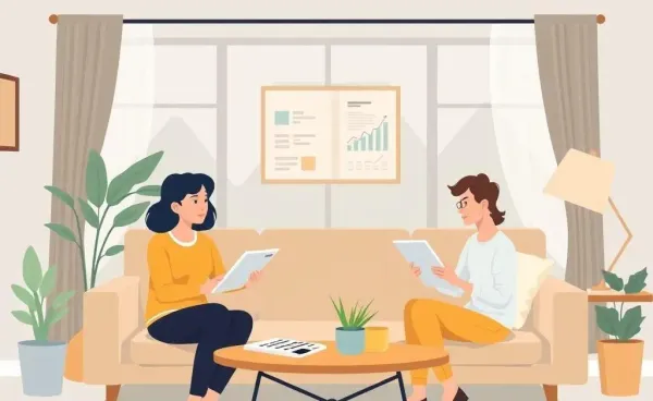 Two people discussing dual incomes at home with spreadsheets.