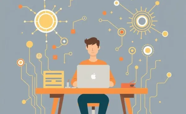 A person at a desk diving into quantum computing with floating qubits