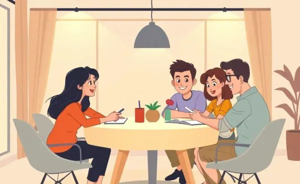A family sitting together at a table discussing finances.