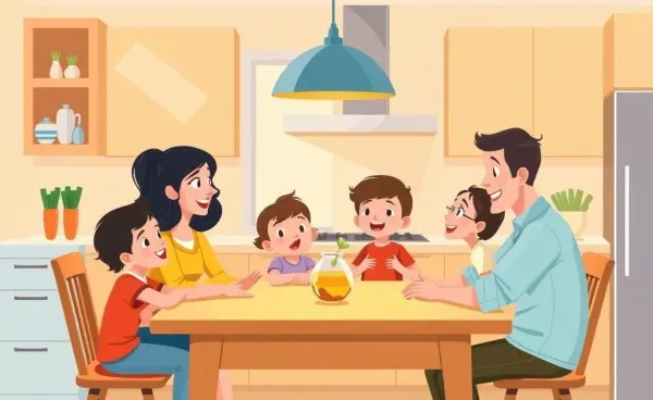 A family discussing life insurance options at a kitchen table.