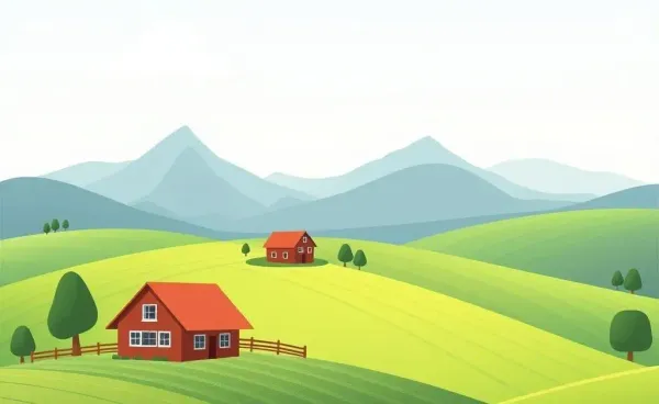 Cartoon of a farm with a house and fields in the background