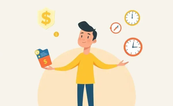 Person balancing financial symbols in a thoughtful manner