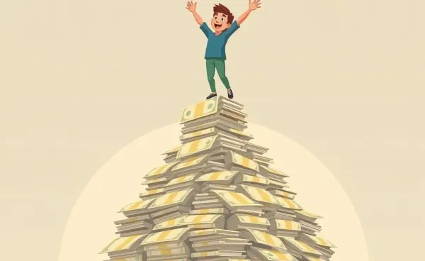 Person climbing a mountain of money