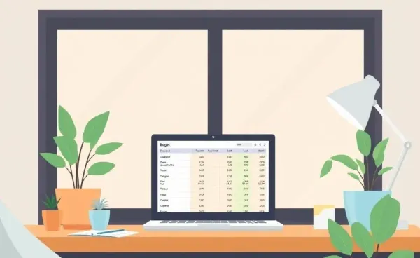 A cozy home office desk with a laptop showing a budget spreadsheet.