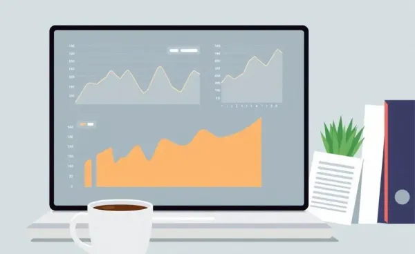 An office desk with a laptop showing financial charts and a coffee cup