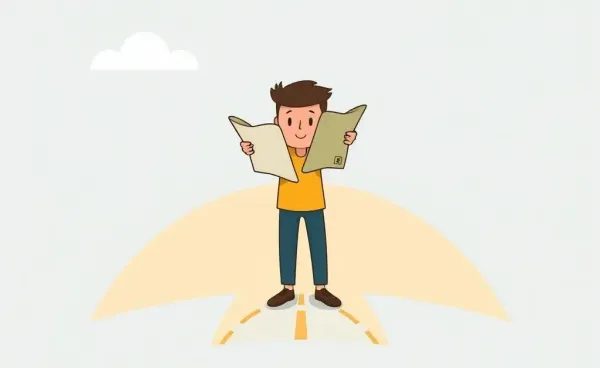 Illustration of a person at a crossroads with a map and compass
