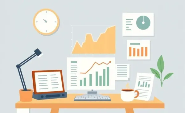 A minimalist cartoon drawing of a workspace with financial charts and a coffee cup