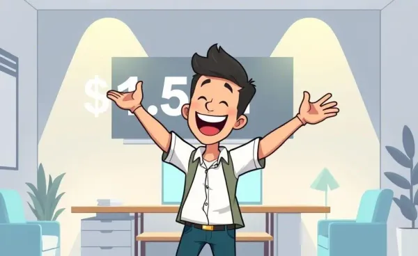A cartoon person celebrating a $1.5M financial milestone