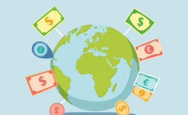 A globe with various currencies symbolizing global trade