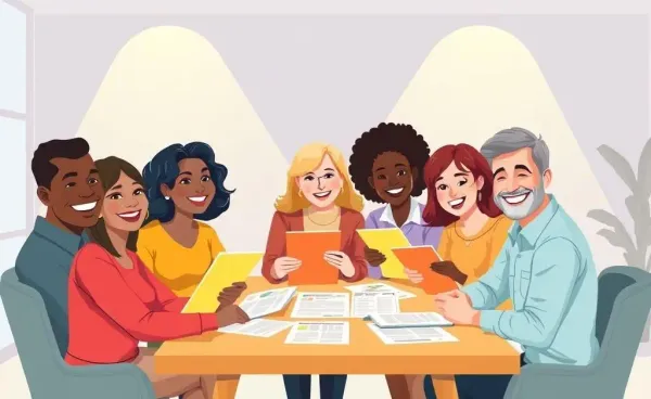 Group of people planning retirement with documents