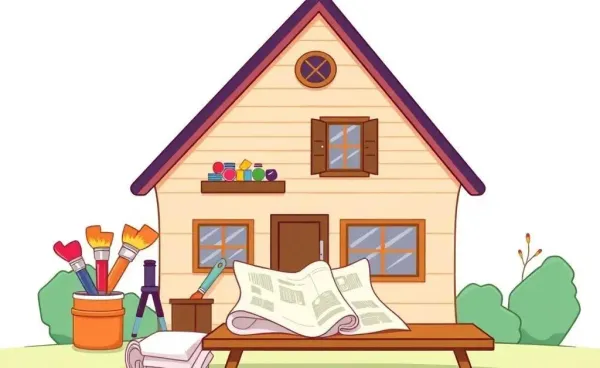A house surrounded by renovation tools and financial symbols