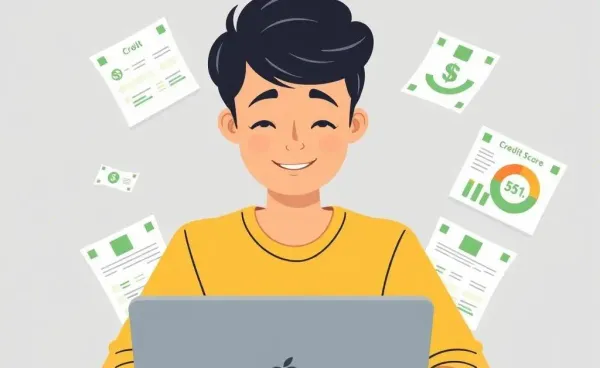 Person happily checking credit score improvements on a laptop