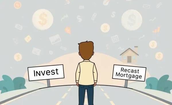 Person at a fork in the road deciding to invest or recast mortgage