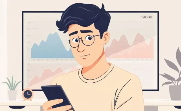 A puzzled person using an investment app in a cozy office