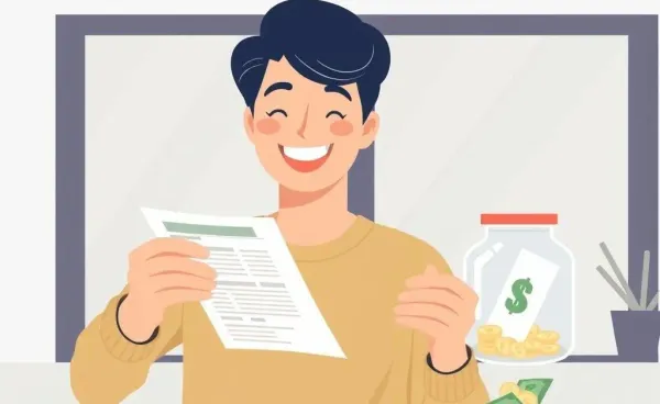 Person happily reviewing their savings statement in a cozy environment