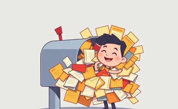 A mailbox overflowing with spam letters and a smiling person sorting them calmly.