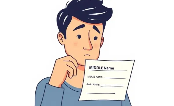 Illustration of a person pondering over a bank form with a focus on the middle name field.