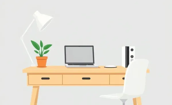 A clean, minimalist desk with a plant and laptop