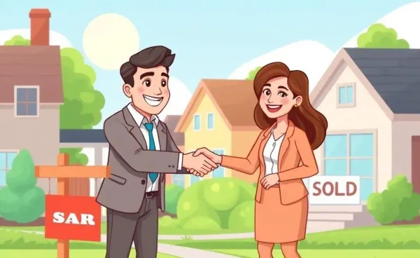 A mortgage broker shakes hands with a homebuyer in front of a 'sold' sign.