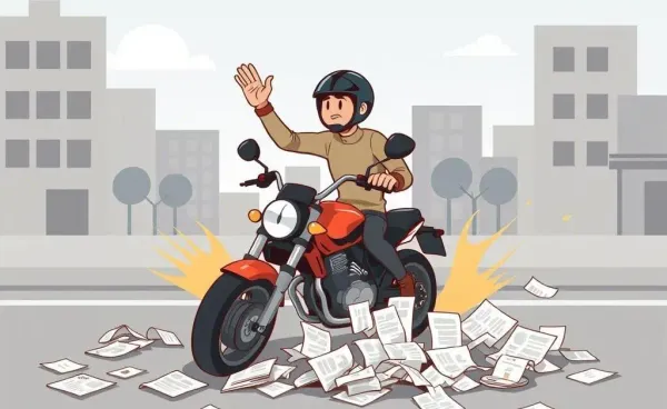 A cartoon-style depiction of a motorcycle accident scene with insurance paperwork.