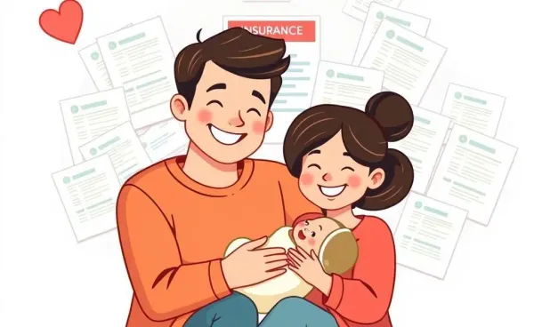 Illustration of a family celebrating with newborn and insurance papers