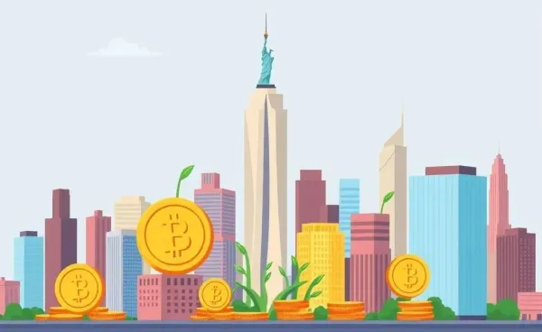 A cartoon illustration of New York City skyline with growing coins