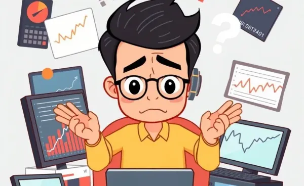 Person looking puzzled at different devices showing stock market data