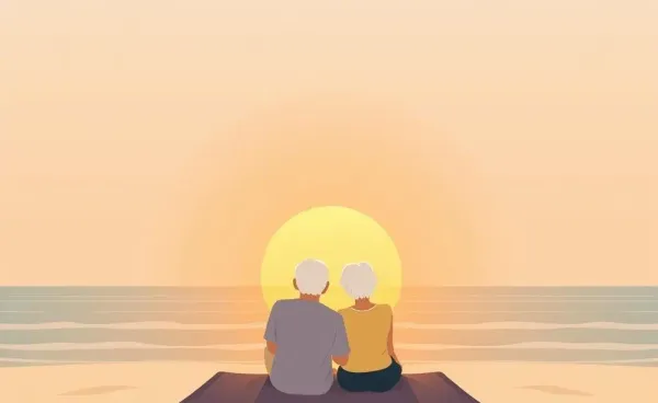 A couple enjoying a serene sunset on a beach.