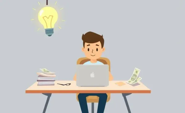 A person at a desk with a laptop and a glowing idea bulb above them