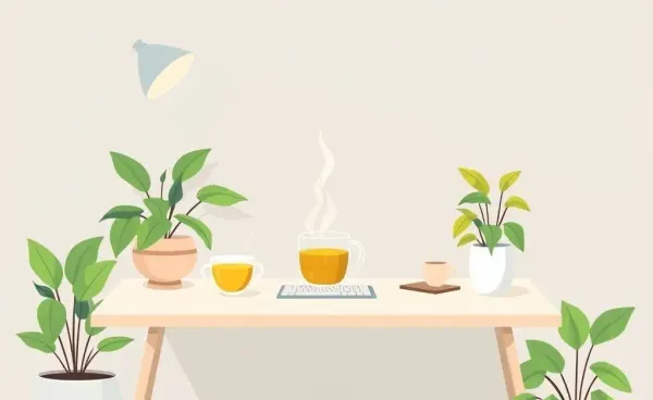 A serene desk with plants and a cup of tea