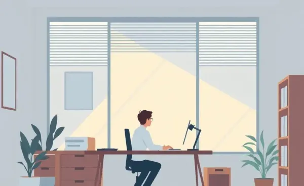 A peaceful office scene with a person contemplating at their desk