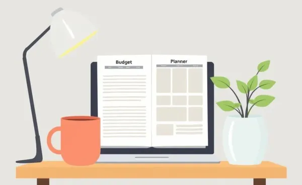 Desk with a laptop showing a budget planner surrounded by plants and coffee