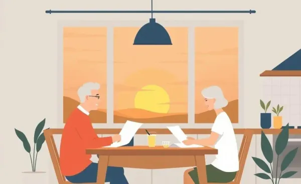 A couple sitting at a kitchen table planning their retirement with a sunrise in the background.