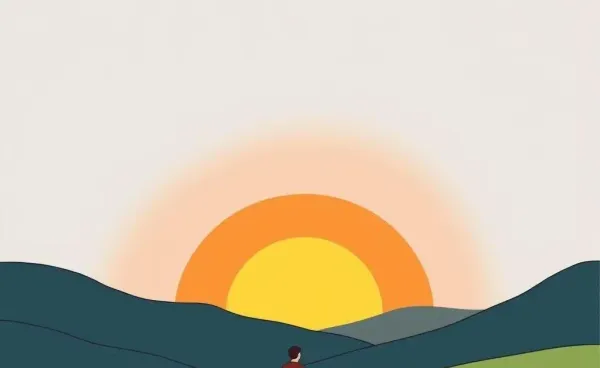 Illustration of someone sitting on a hill at sunset, contemplating their future with a notepad