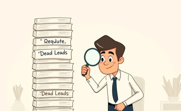 Real estate investor inspecting dead leads files with a magnifying glass