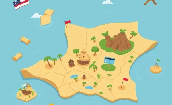 Illustration of a treasure map with credit cards and rewards points as treasure islands