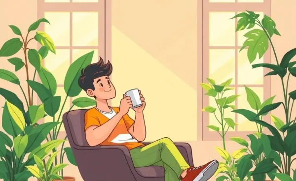 Person enjoying a peaceful moment with a cup of tea amidst houseplants