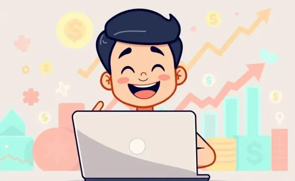 Person researching stocks on a laptop surrounded by market icons